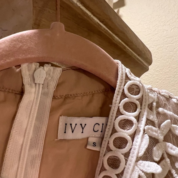 Ivy City Co White and Nude / Tan embroidered lace Midi Dress. Puff sleeve - Picture 3 of 3